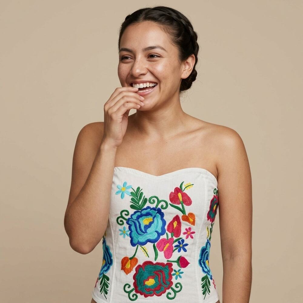 Mexican Embroidered Cotton Manta Corset Top – Handmade Floral Artisan Blouse